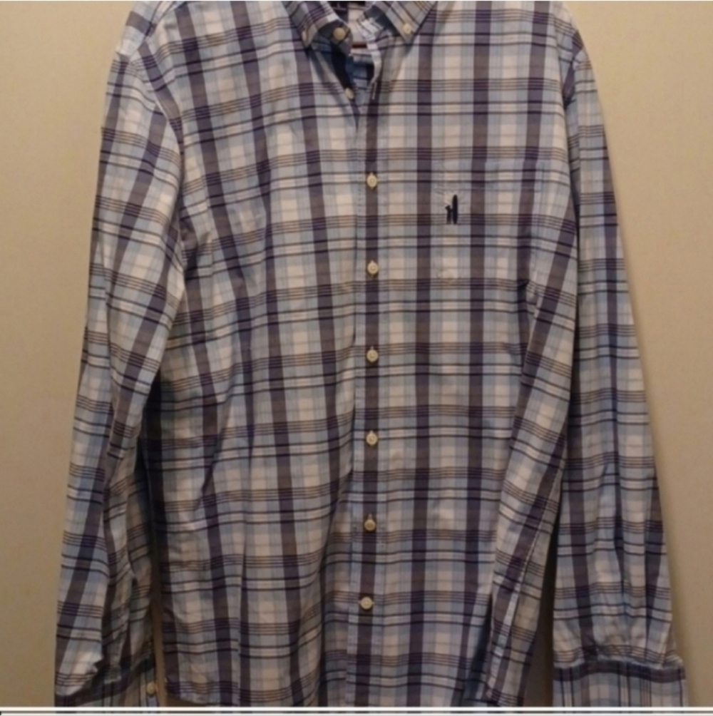 Johnnie-O button down blue plaid shirt athleisure